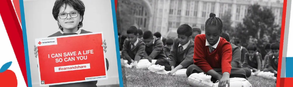 On the left a child holding a poster that says I can save a life so can you and on the right a group of students sitting on grass operating a CPR dummy.