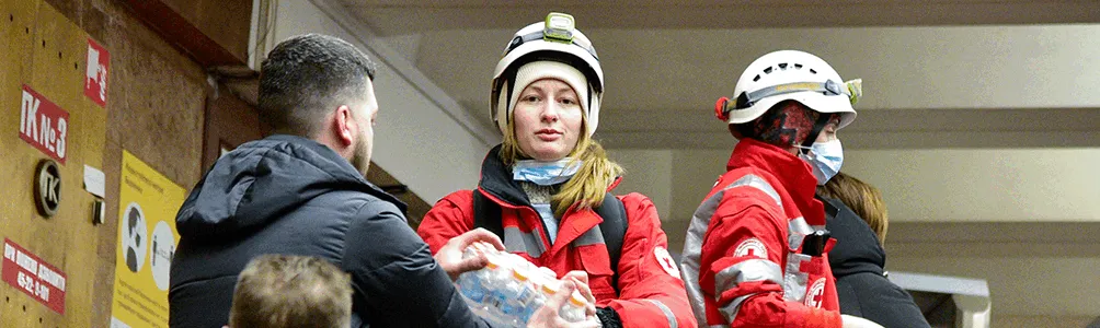 Gif showing multiple images of Red Cross workers responding to disasters around the world including the Ukraine conflict 2022 and Pakistan floods 2022. 