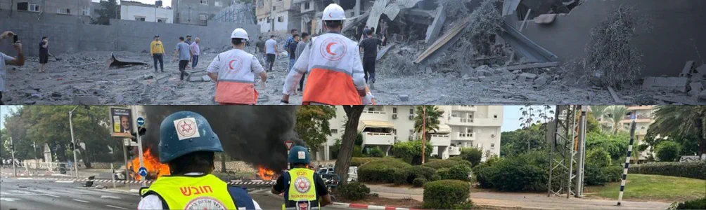 Two images side by side showing The Magden David Adom and the Palestine Red Crescent Society responding to the unfolding emergency.