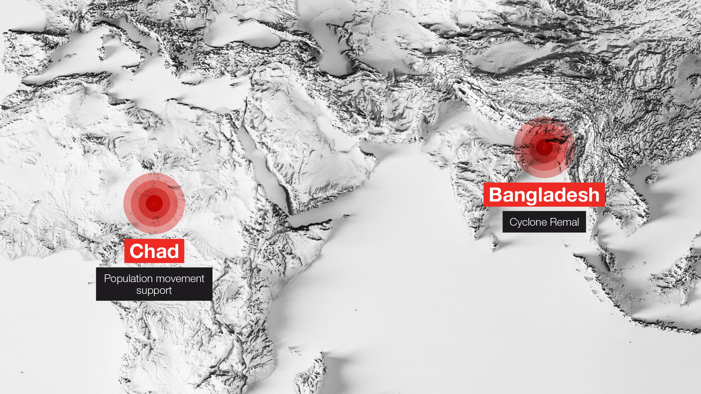 Map showing where the Emergencies Fund has been used incl Chad Bangladesh